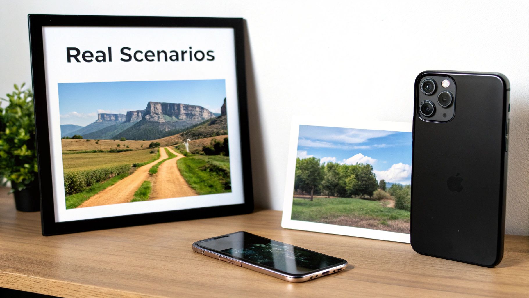 Two iPhones displayed on a wooden desk next to framed landscape pictures and a green plant.