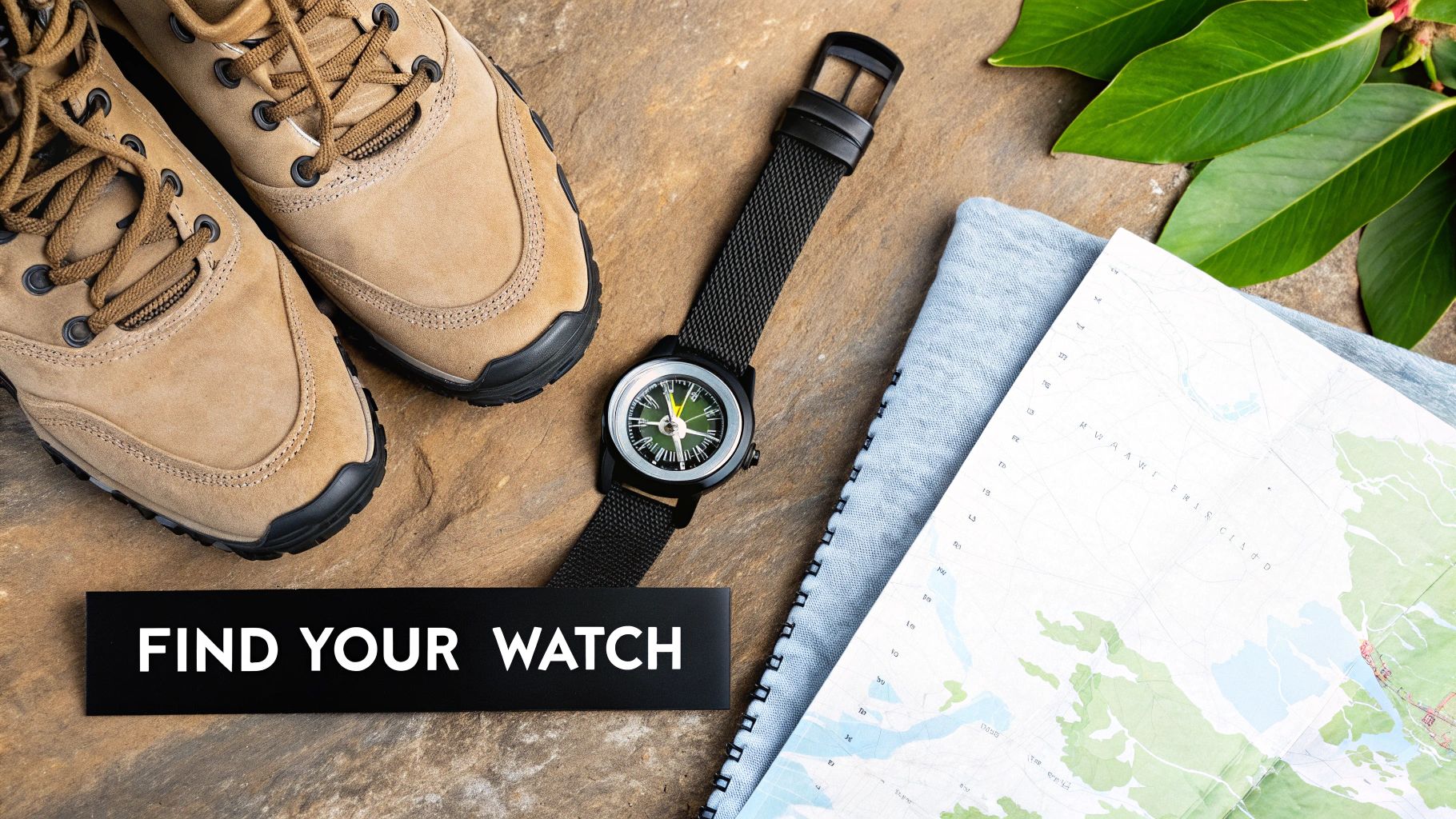 A person's wrist wearing a GPS watch while looking at a map during a hike.