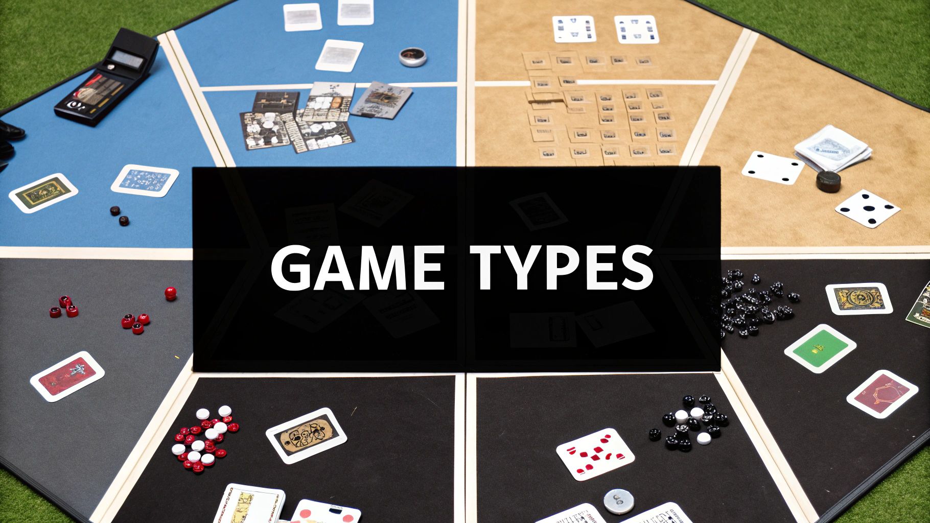 Overhead view of a board game spread with cards, dice, and tokens on a multi-colored surface.