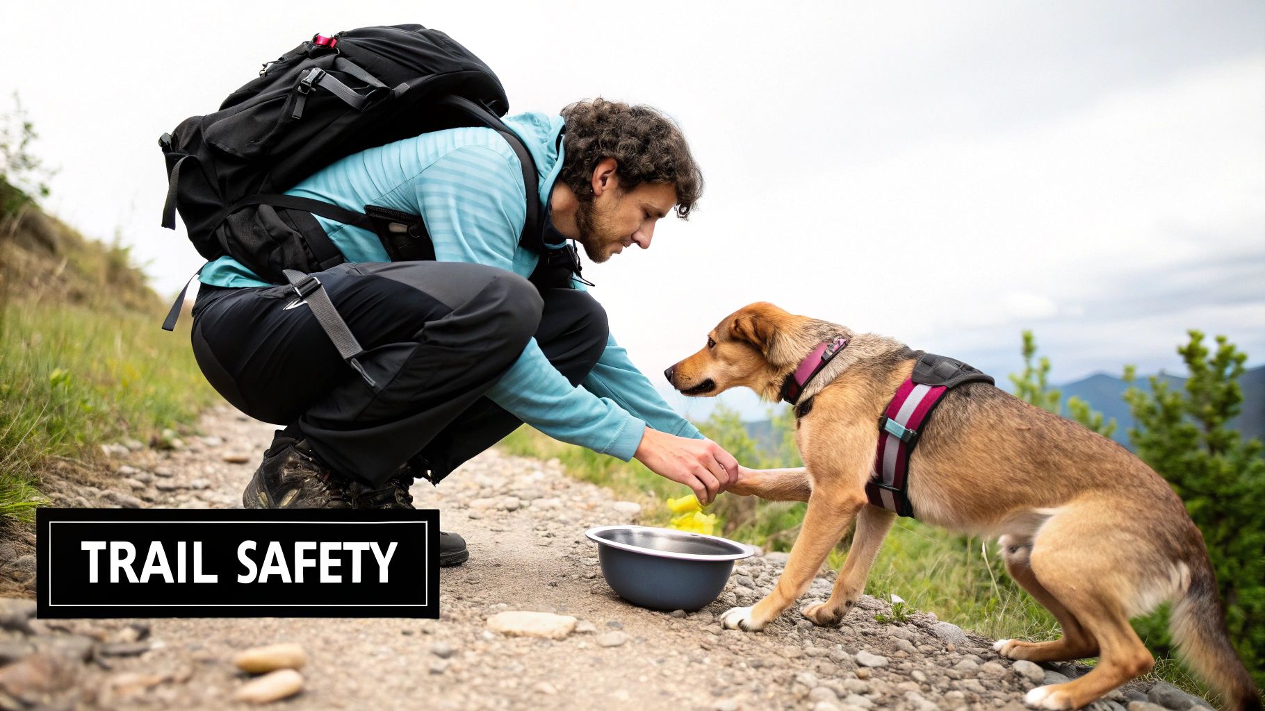 A hiker with a backpack crouches on a trail, interacting with a dog next to a water bowl, emphasizing trail safety.