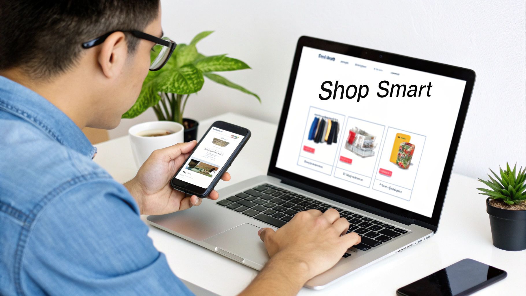 A person comparison shopping online, using a laptop displaying "Shop Smart" and browsing on a smartphone.