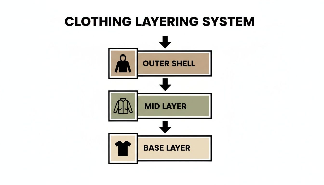 A diagram illustrating the clothing layering system, showing outer shell, mid layer, and base layer.