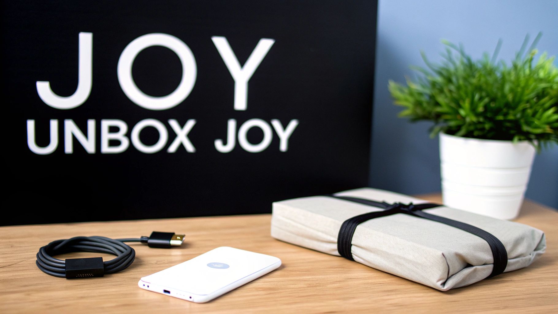 White tech device with charging cable and fabric pouch on wooden desk with JOY branding