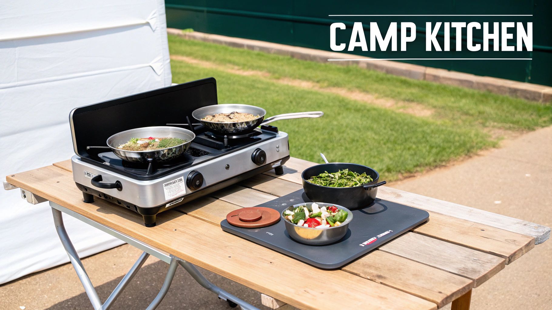 A portable camp kitchen setup outdoors with a two-burner stove, cooking pans, and fresh salads on a wooden table.