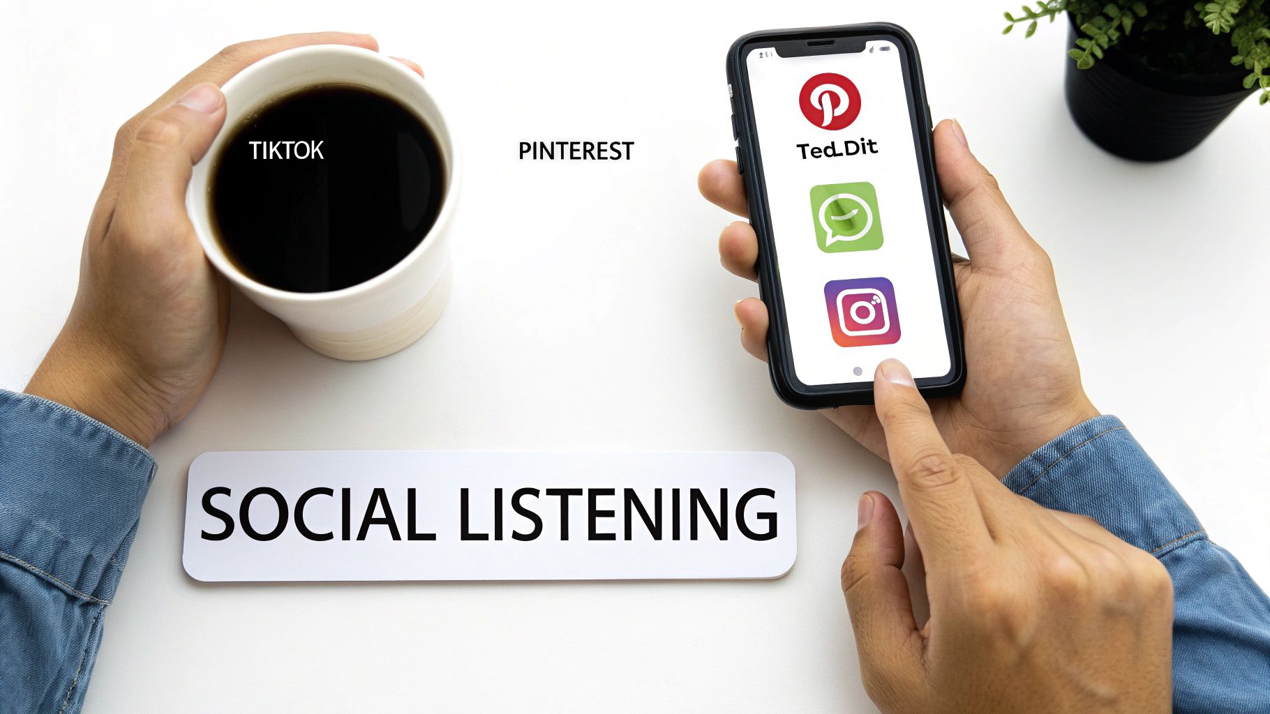 A person scrolling through social media on their phone, surrounded by floating product icons.