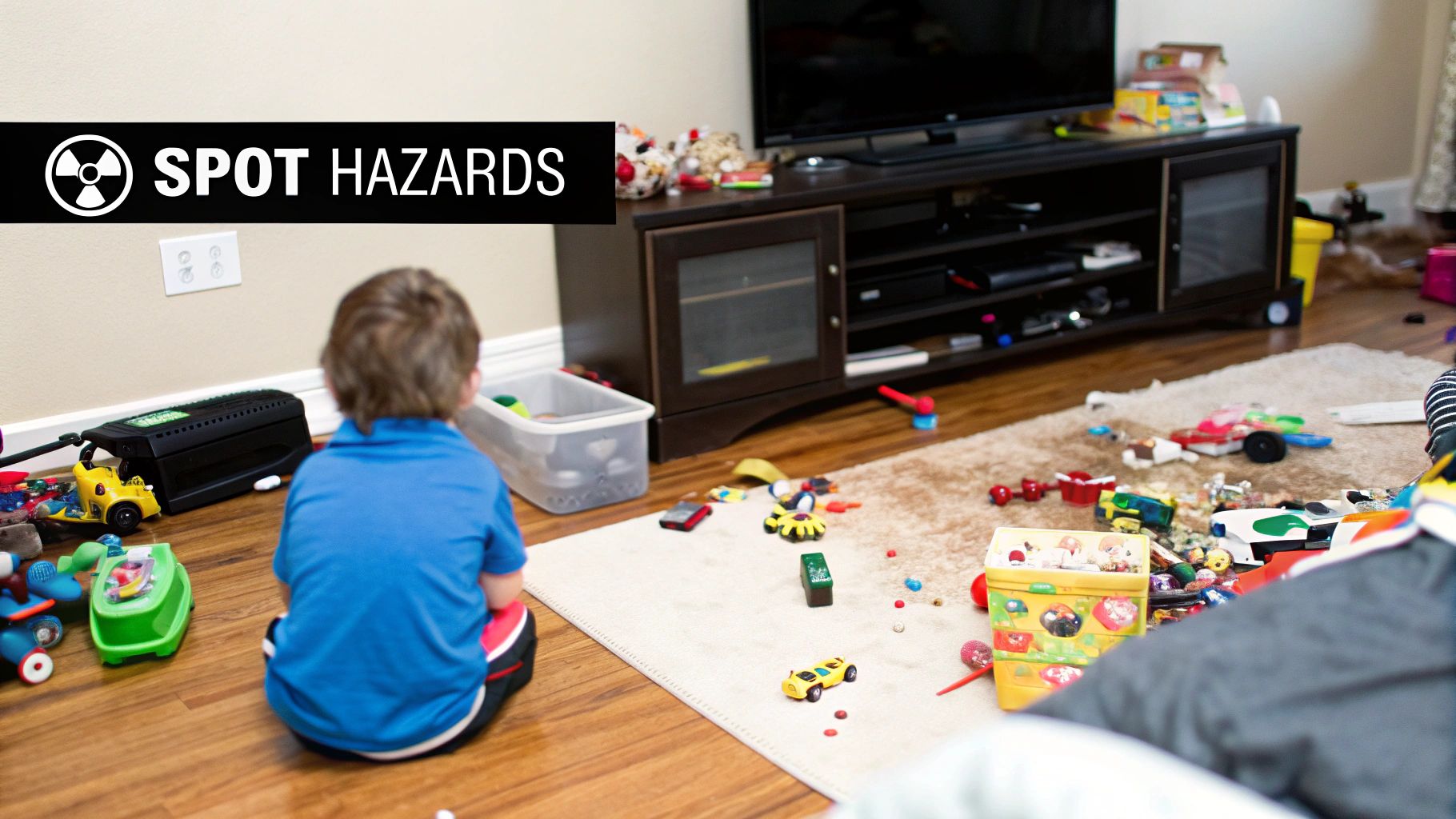 A baby safely crawling on the floor of a childproofed living room.