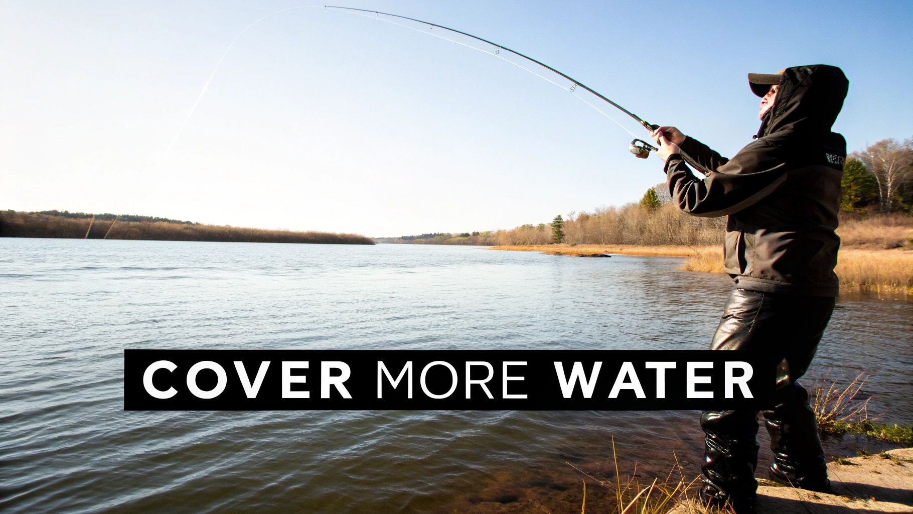 An angler holding a spinning rod with a trout on the line near a riverbank