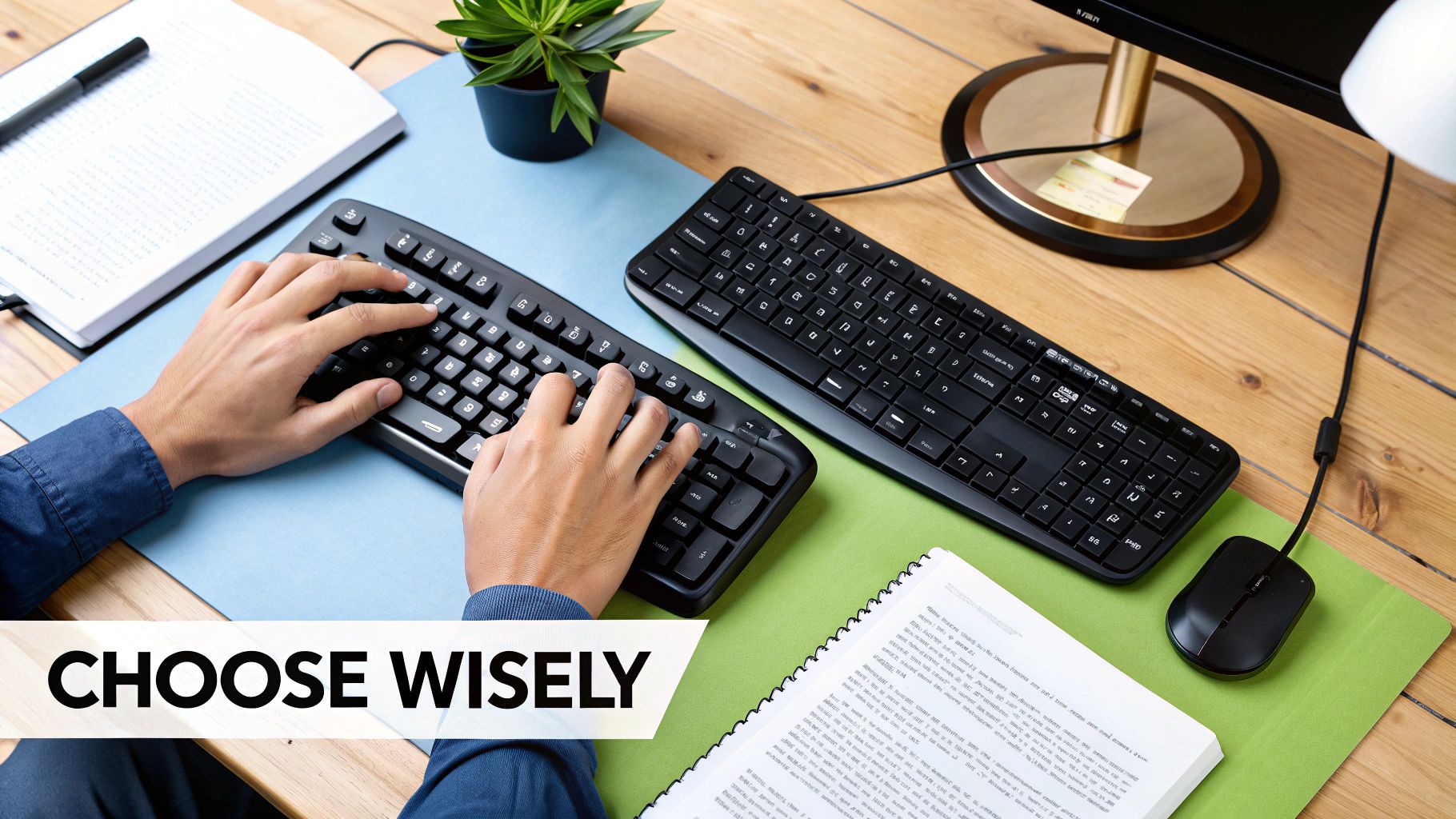 A person sitting at a well-organized ergonomic desk setup