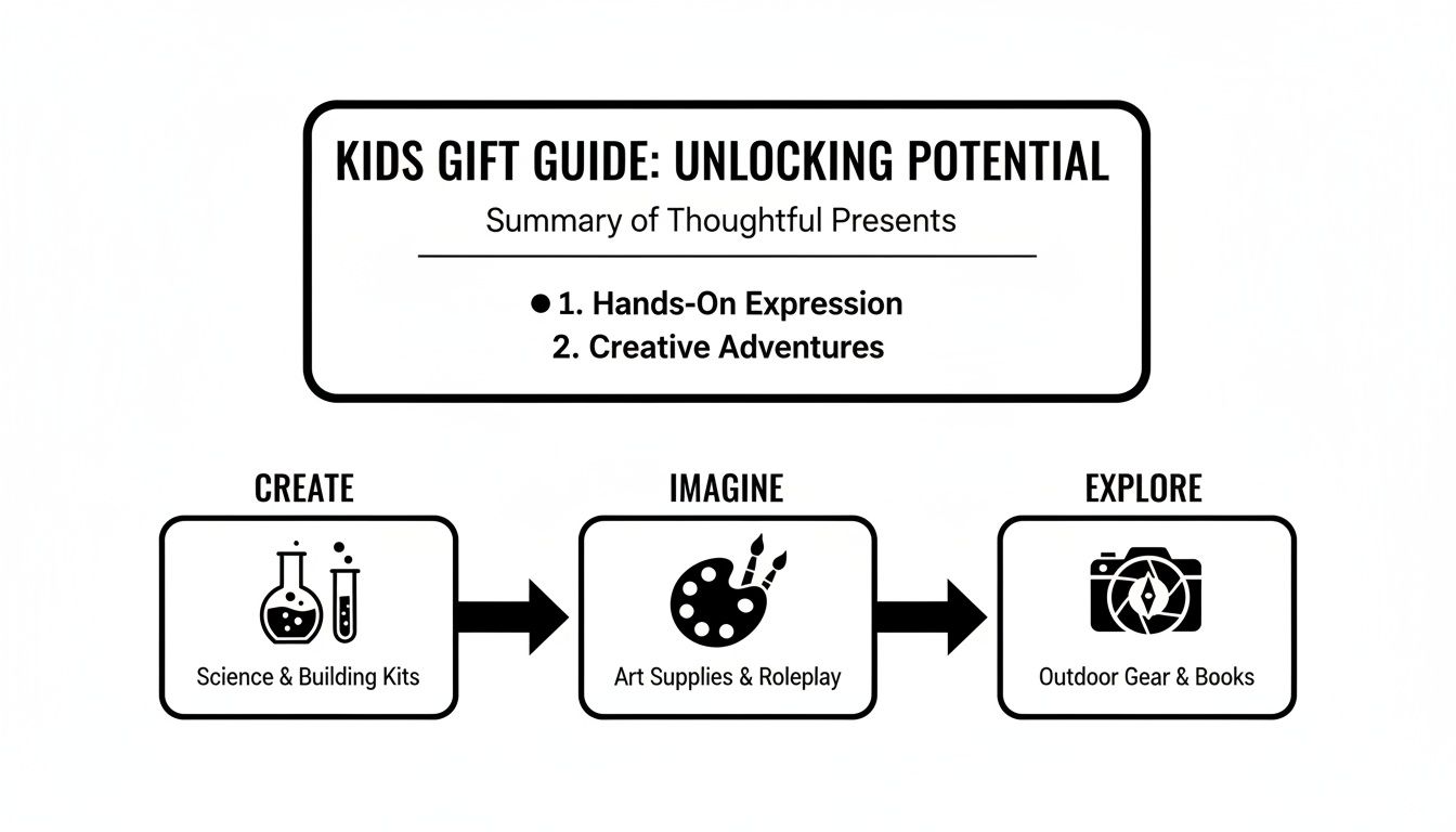 A kids gift guide outlining categories like hands-on expression, creative adventures, science, art, and outdoor exploration.