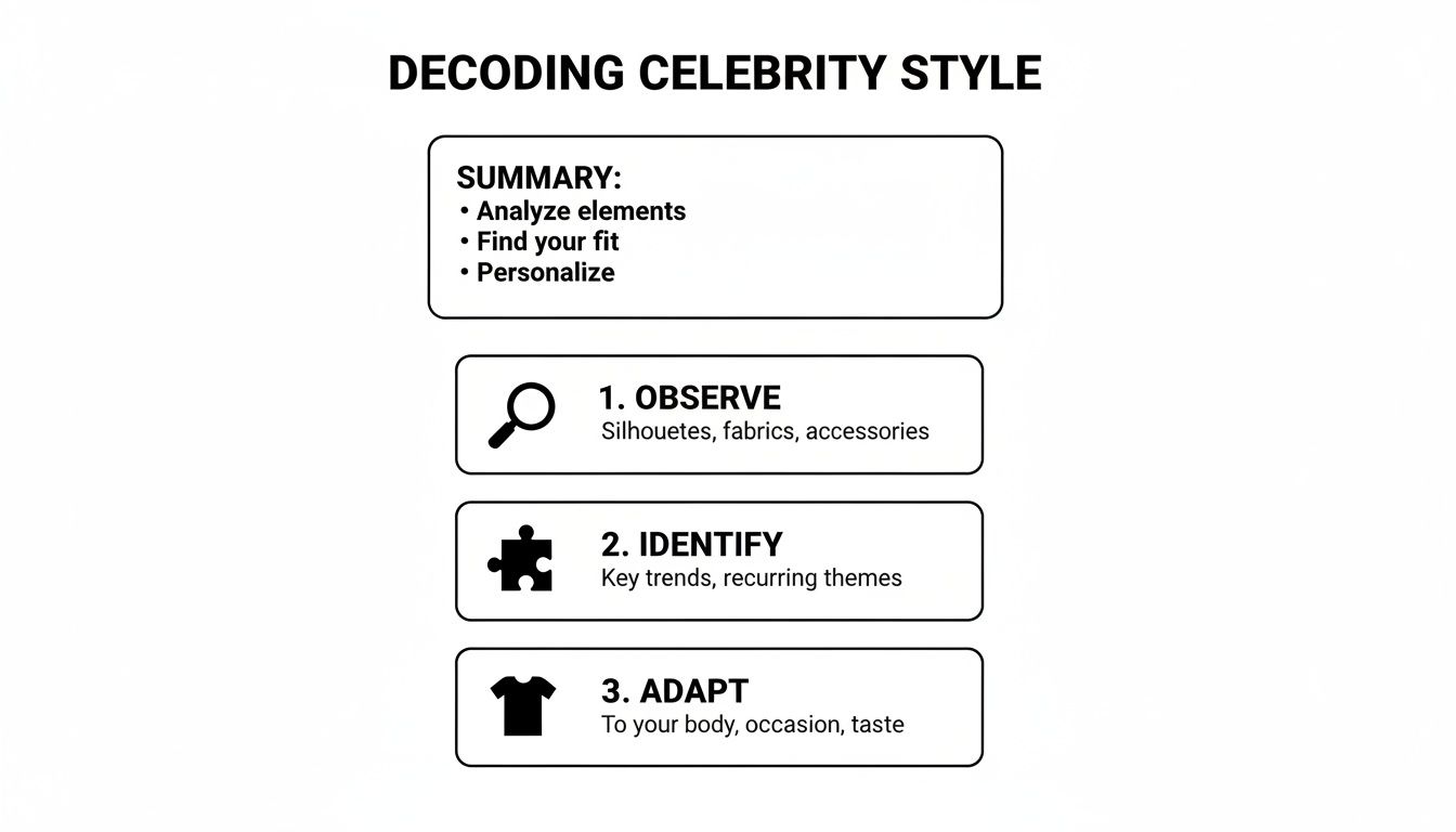 A guide on decoding celebrity style, outlining steps to observe, identify, and adapt fashion.