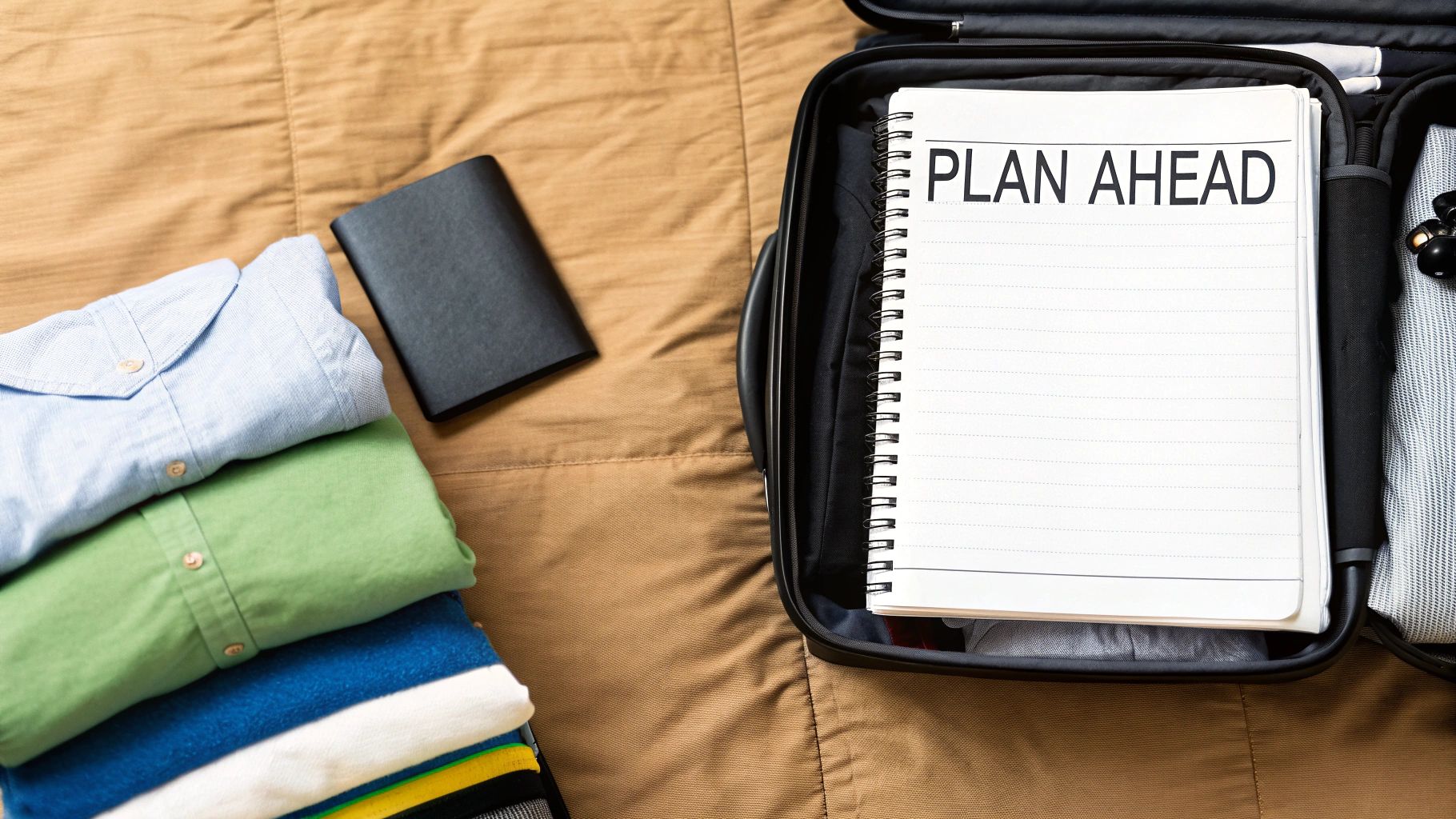 Travel planning: a suitcase with a 'PLAN AHEAD' notebook, folded clothes, and a book on a bed.