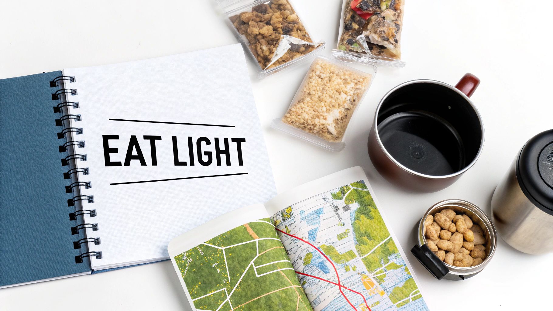 A flat lay shows a notebook with 'EAT LIGHT', dehydrated food bags, a map, and cooking gear.