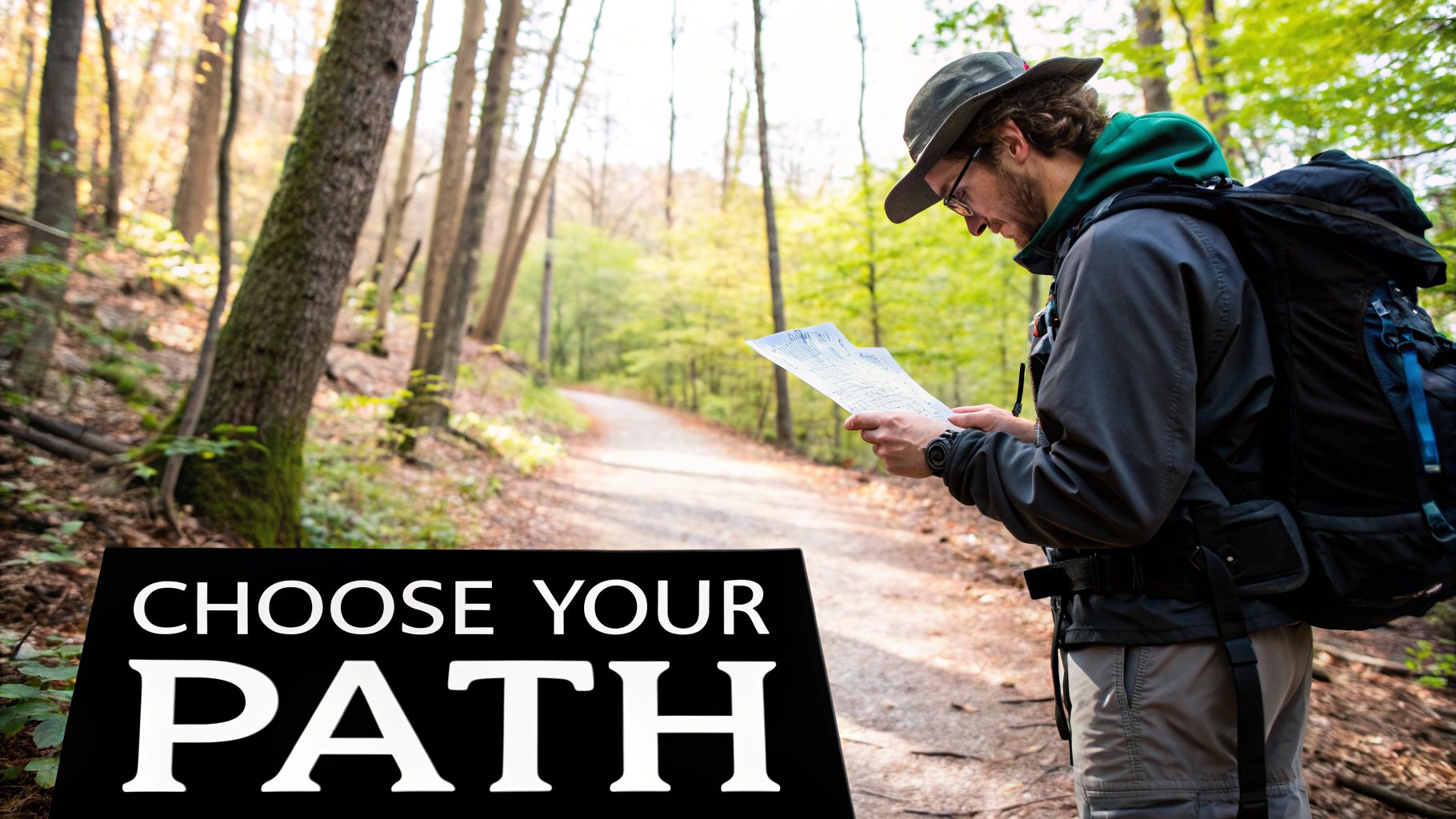 A hiker confidently checking a map while standing on a rocky outcrop with mountains in the background.
