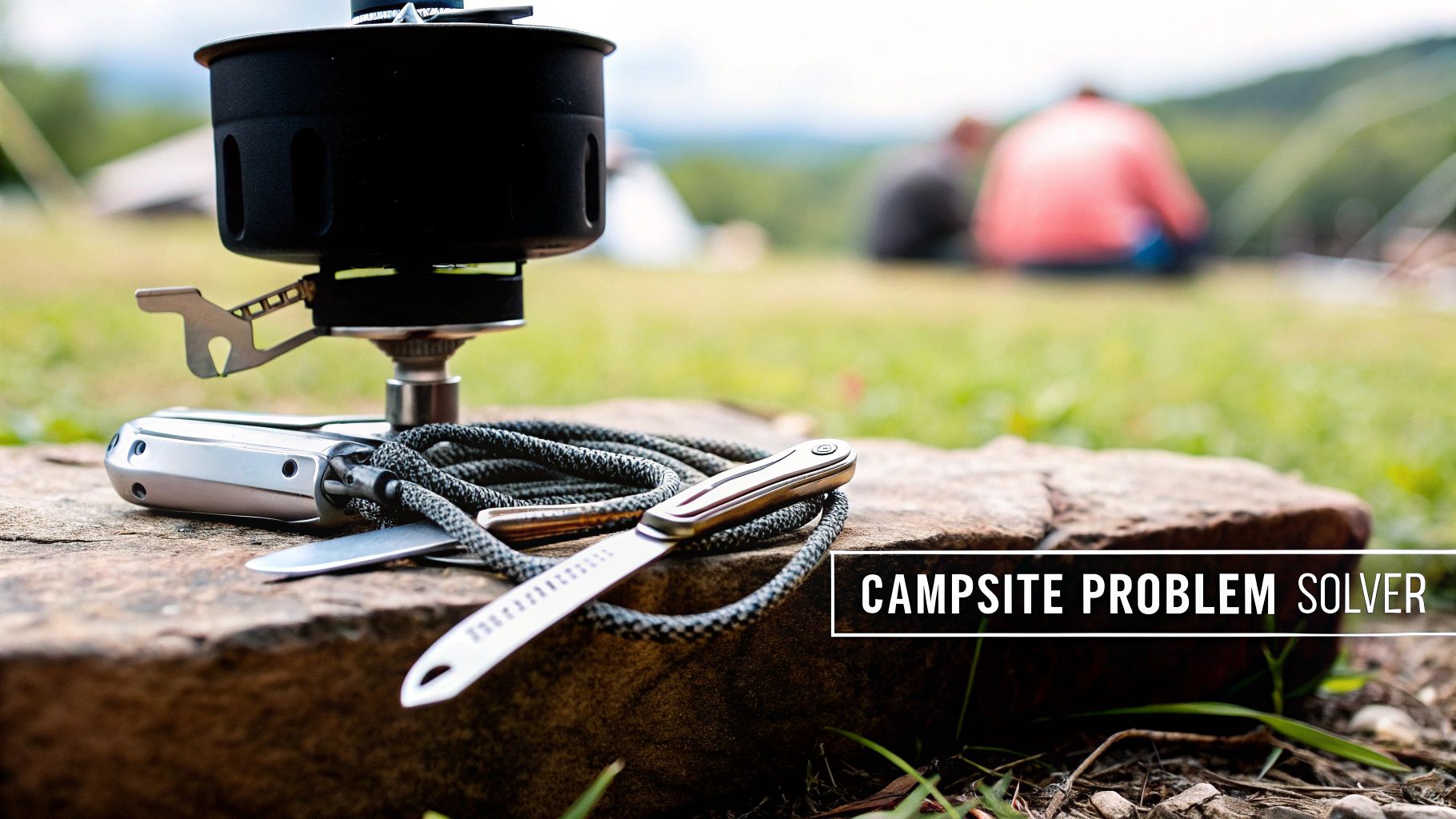 Campsite setup with a portable stove, cooking pot, multi-tool, and rope on a rock.
