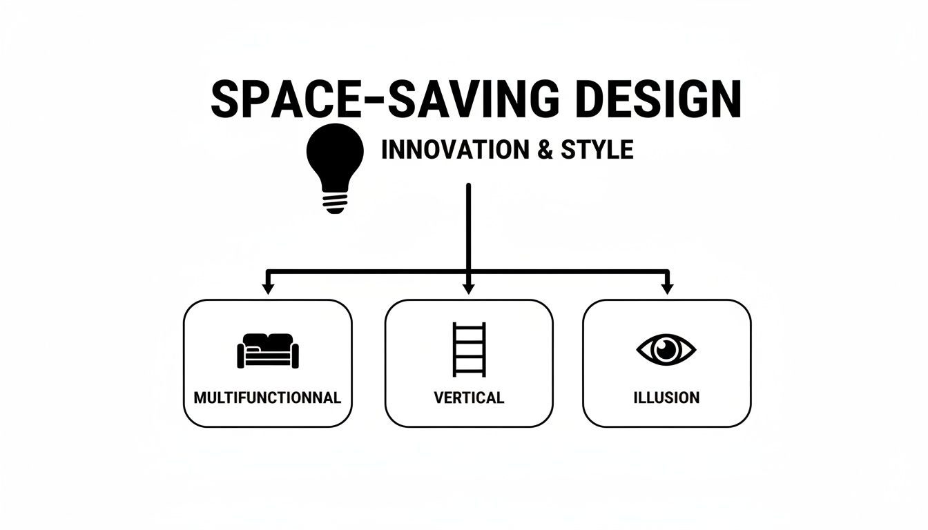 A diagram illustrating space-saving design concepts: multifunctional, vertical, and illusion, with corresponding icons.