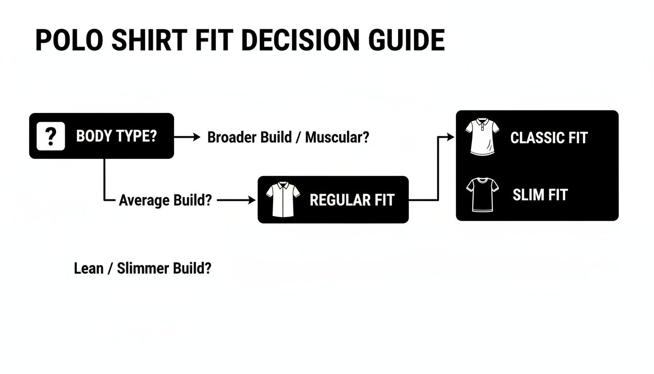 Diagram illustrating polo shirt fit recommendations for muscular, average, and leaner body types.