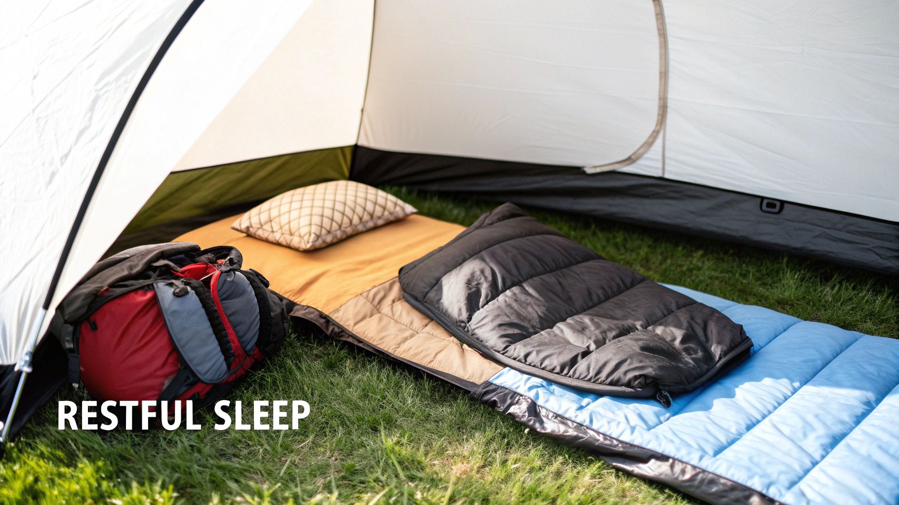 Inside a camping tent featuring two sleeping pads, two sleeping bags, and a backpack on green grass.