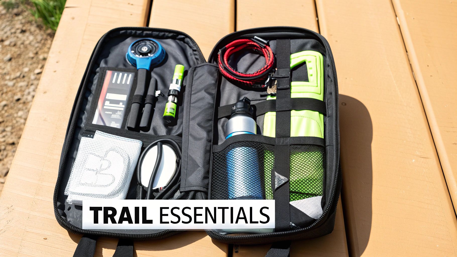 An open black bag on a wooden table, revealing various trail essentials like a water bottle, rope, and tools.