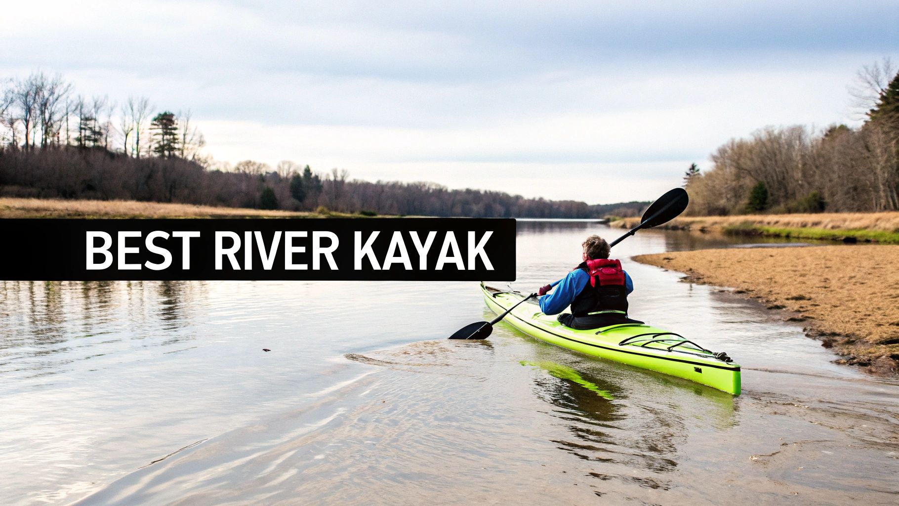 A person in a bright green kayak paddles on a serene river with trees on the banks under a cloudy sky.