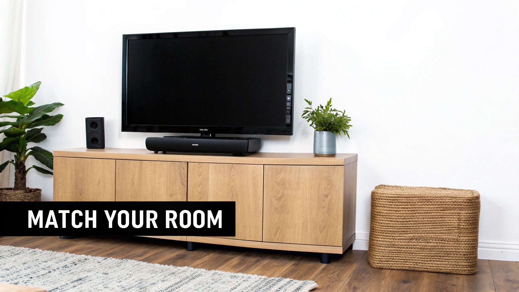 A stylish living room features a TV, soundbar, and decor on a sleek wooden media cabinet.