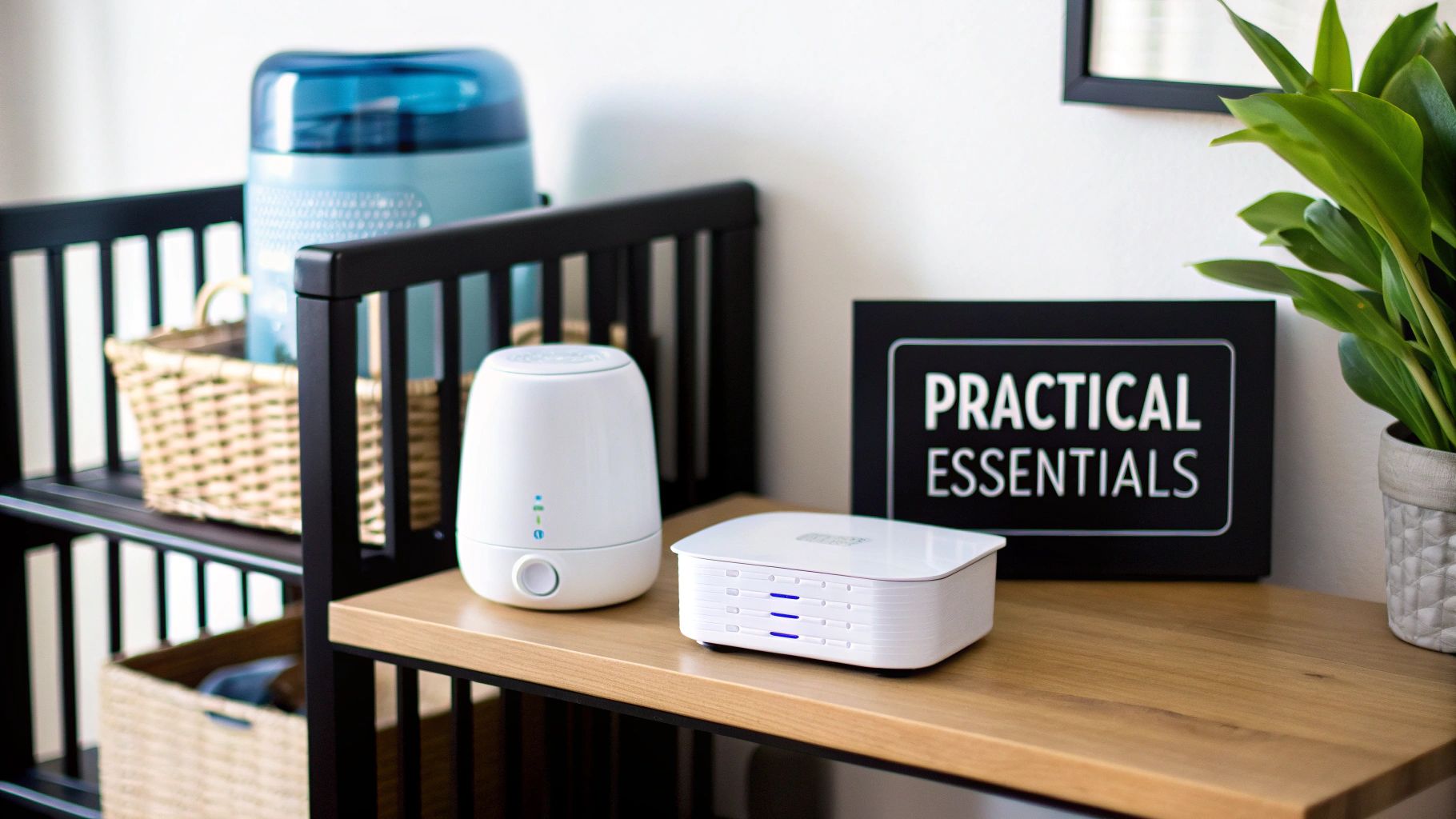 A modern nursery shelf with a humidifier, smart device, and 'Practical Essentials' sign.