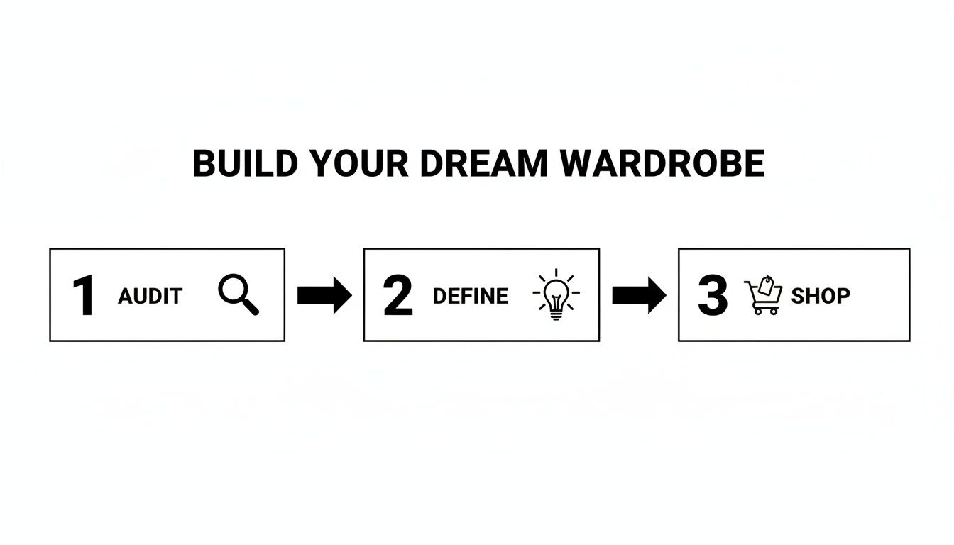 A three-step infographic titled 'Build Your Dream Wardrobe' with audit, define, and shop steps.
