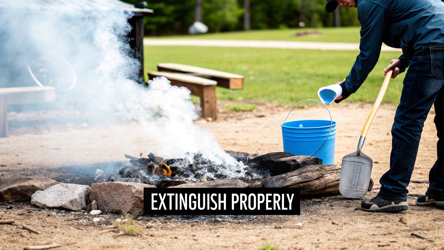 A person pouring water from a cup into a smoking campfire, showing how to extinguish it properly.