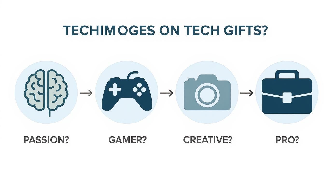 Tech gift guide flowchart showing progression from passion to gamer to creative to professional user