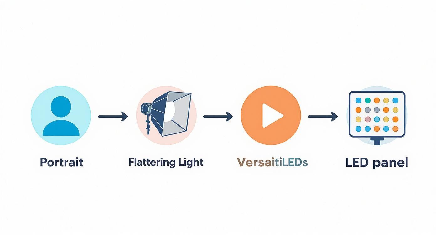 Diagram illustrating a workflow from portrait to flattering light using a VersaitiLEDs LED panel.