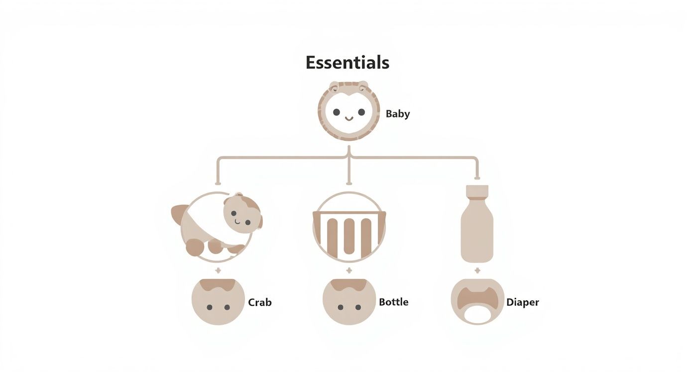 A diagram titled 'Essentials' showing a baby icon connected to illustrations of a crab, bottle, and diaper.