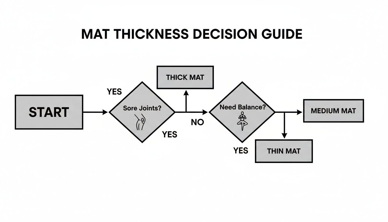 Flowchart guiding mat thickness choice based on joint soreness and balance requirements.