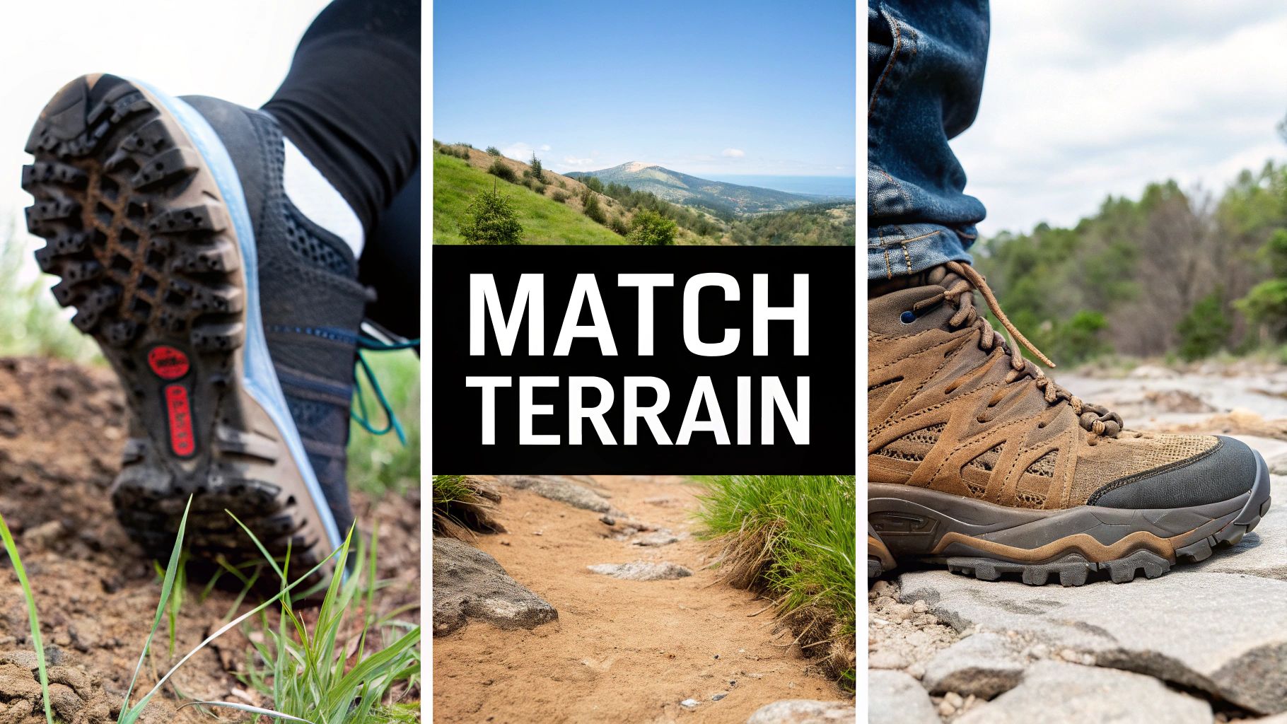 Three different hiking boots on various outdoor terrains matching terrain with proper footwear selection