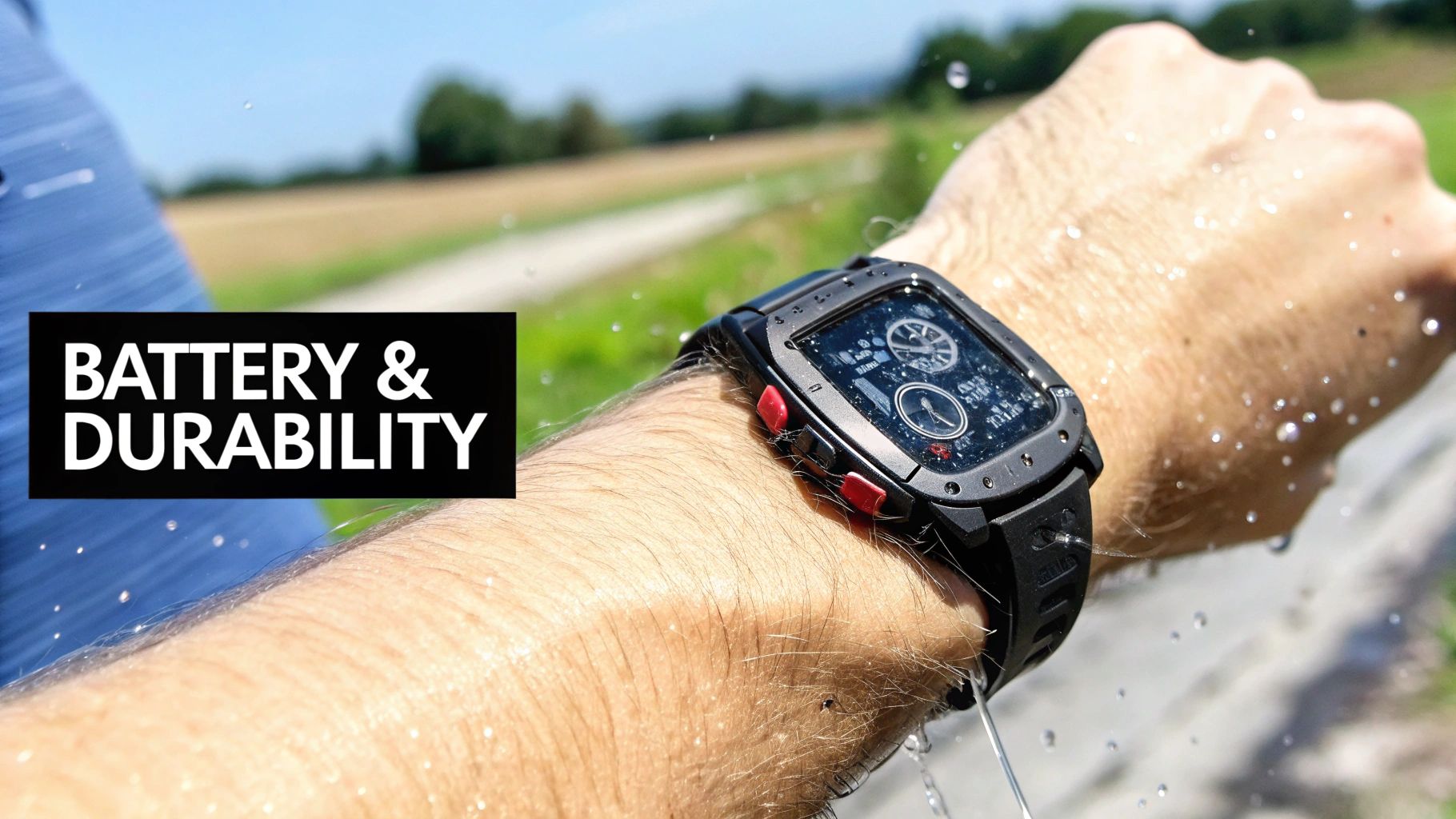 A rugged GPS watch being worn on a wrist, with a rocky, mountainous trail in the background.
