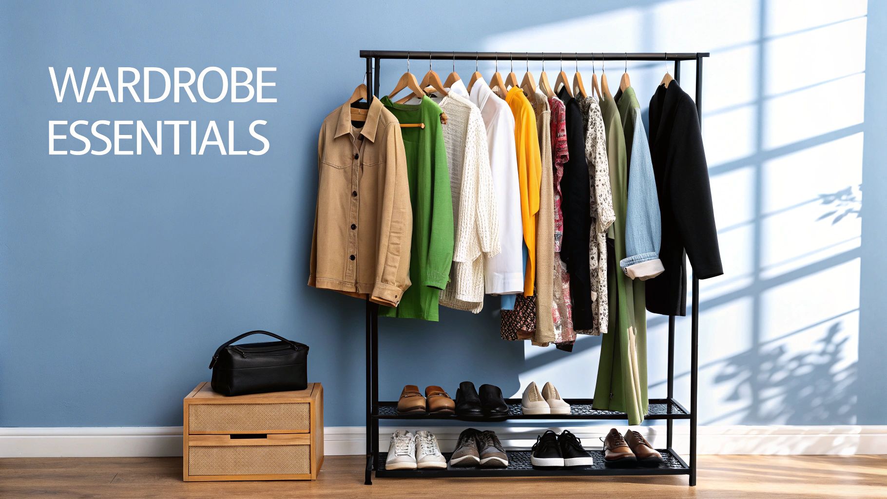 Stylish wardrobe essentials displayed on a clothing rack with shoes below and a bag on a wooden table.