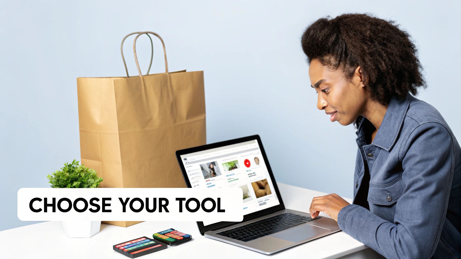 A person sitting at a desk with a laptop, thoughtfully comparing different shopping options on the screen.