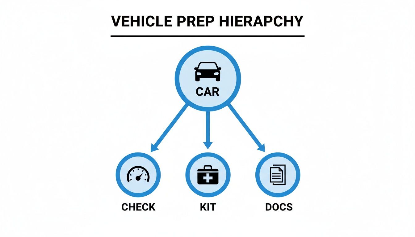 A diagram showing the vehicle preparation hierarchy: Car branches into Check, Kit, and Docs.