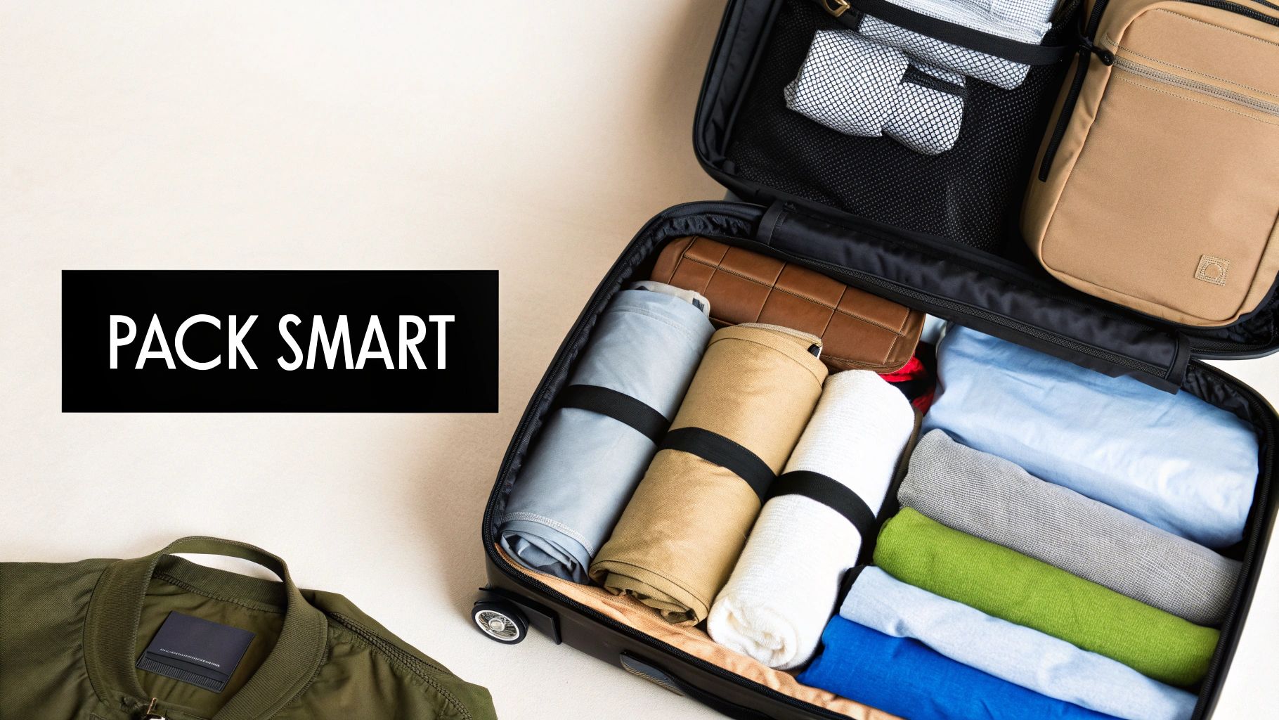 An open suitcase with neatly rolled and folded clothes, illustrating smart packing for travel.