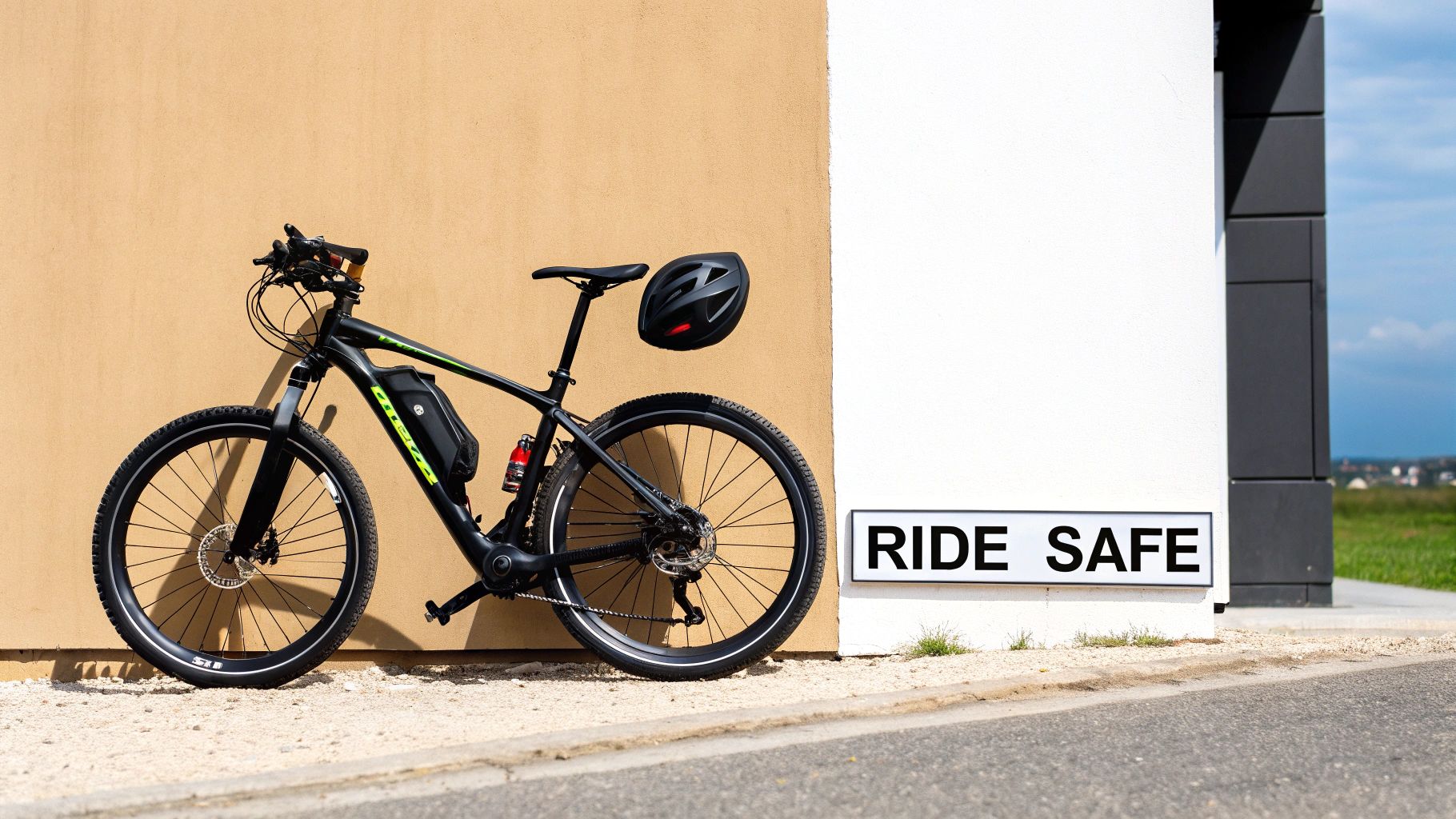 Black electric bike with helmet leaning against beige wall near ride safe sign