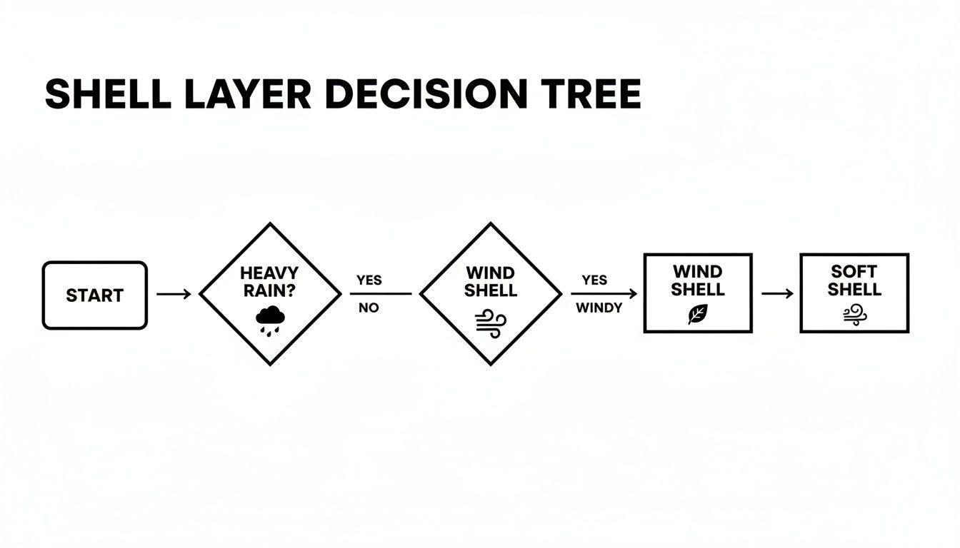 Flowchart illustrating shell layer selection based on heavy rain and wind conditions.