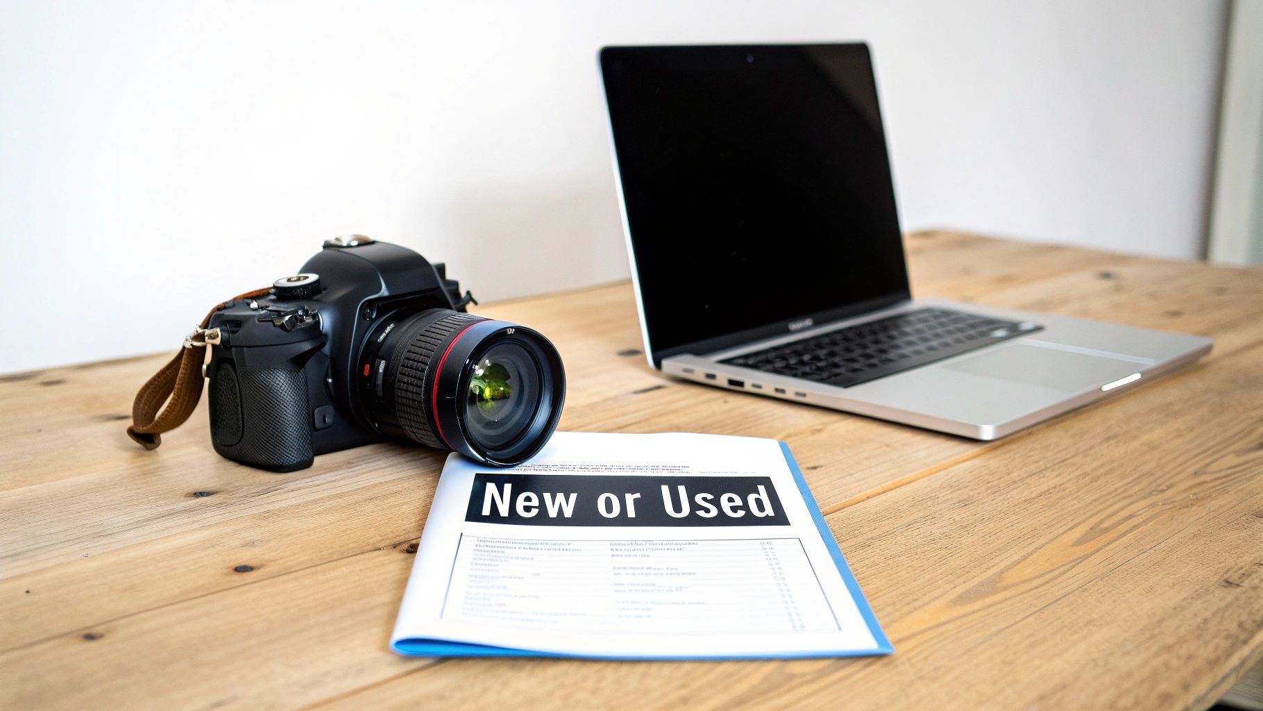 A DSLR camera, a laptop, and a document titled 'New or Used' on a wooden desk.