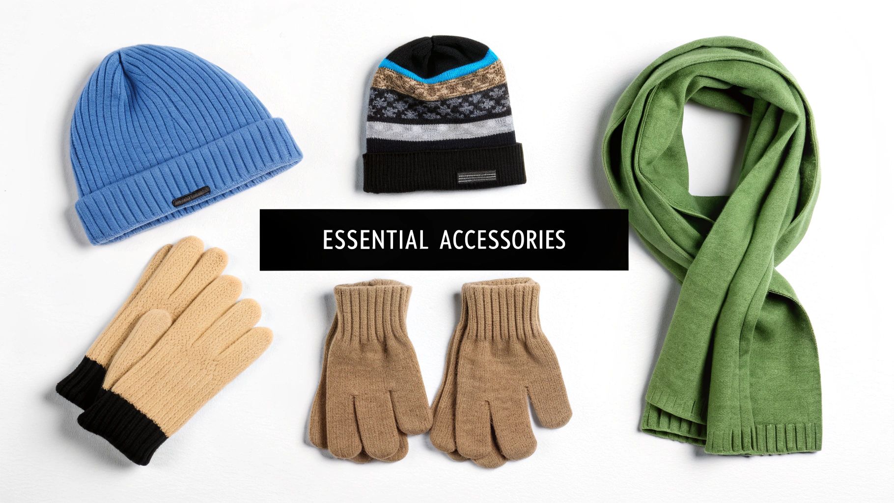 Collection of cozy knit cold weather accessories: blue beanie, patterned beanie, green scarf, and two pairs of gloves.