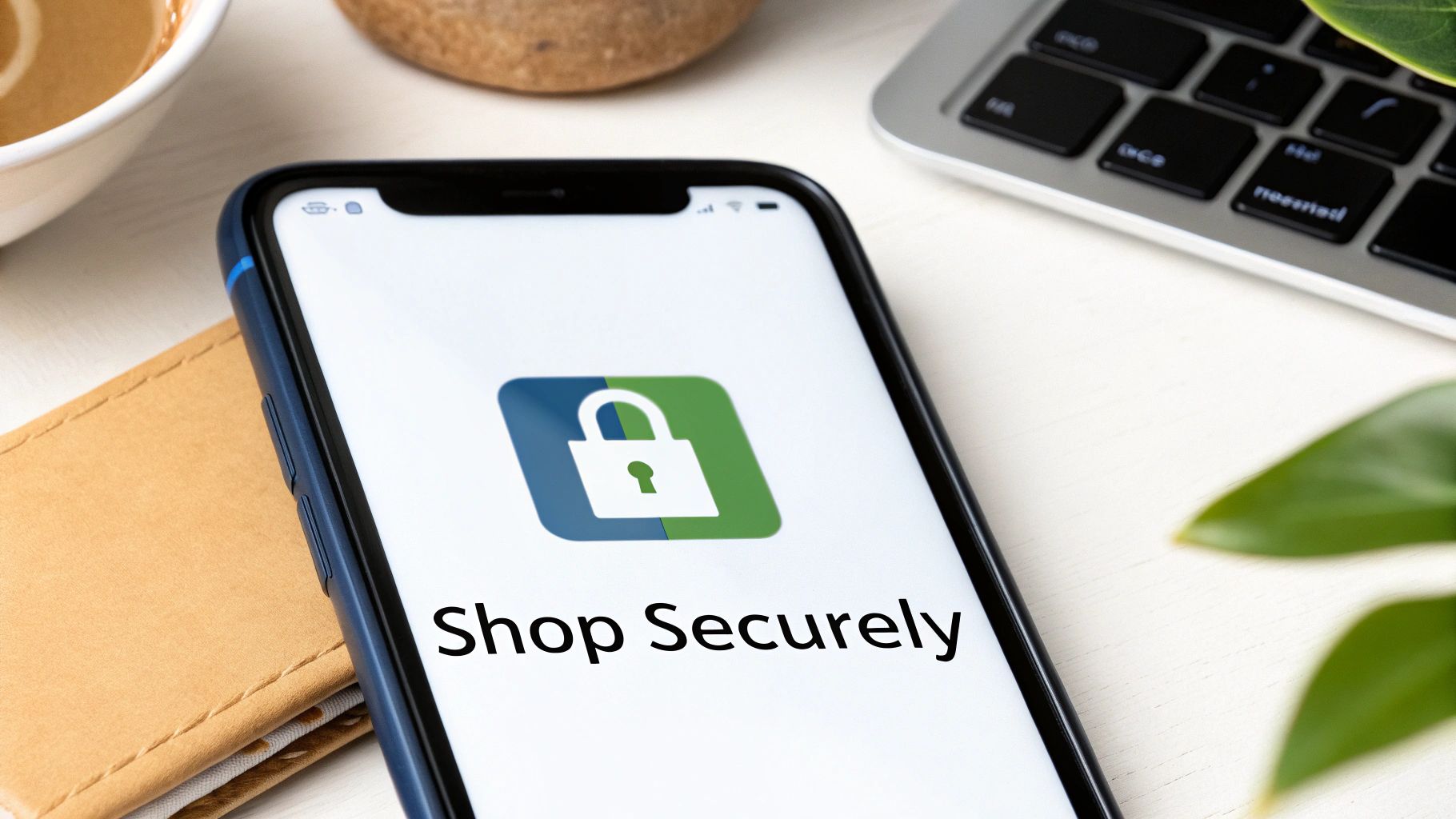 Smartphone displaying shop securely message with padlock icon on desk beside laptop and coffee