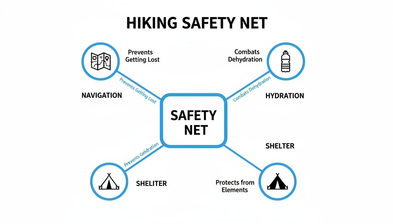 Diagram illustrating a hiking safety net with navigation, hydration, and shelter categories to prevent getting lost.