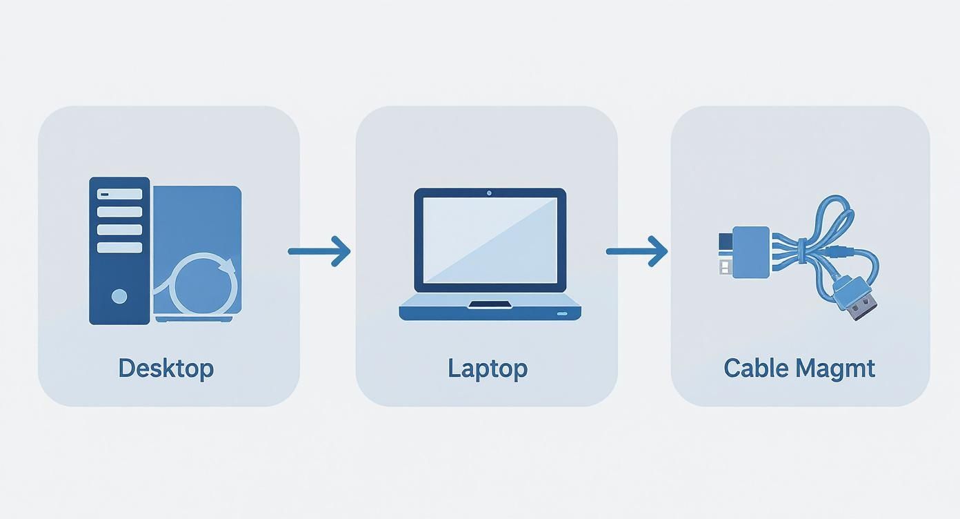 Diagram showing a desktop computer, a laptop, and organized data cables in a sequential flow.