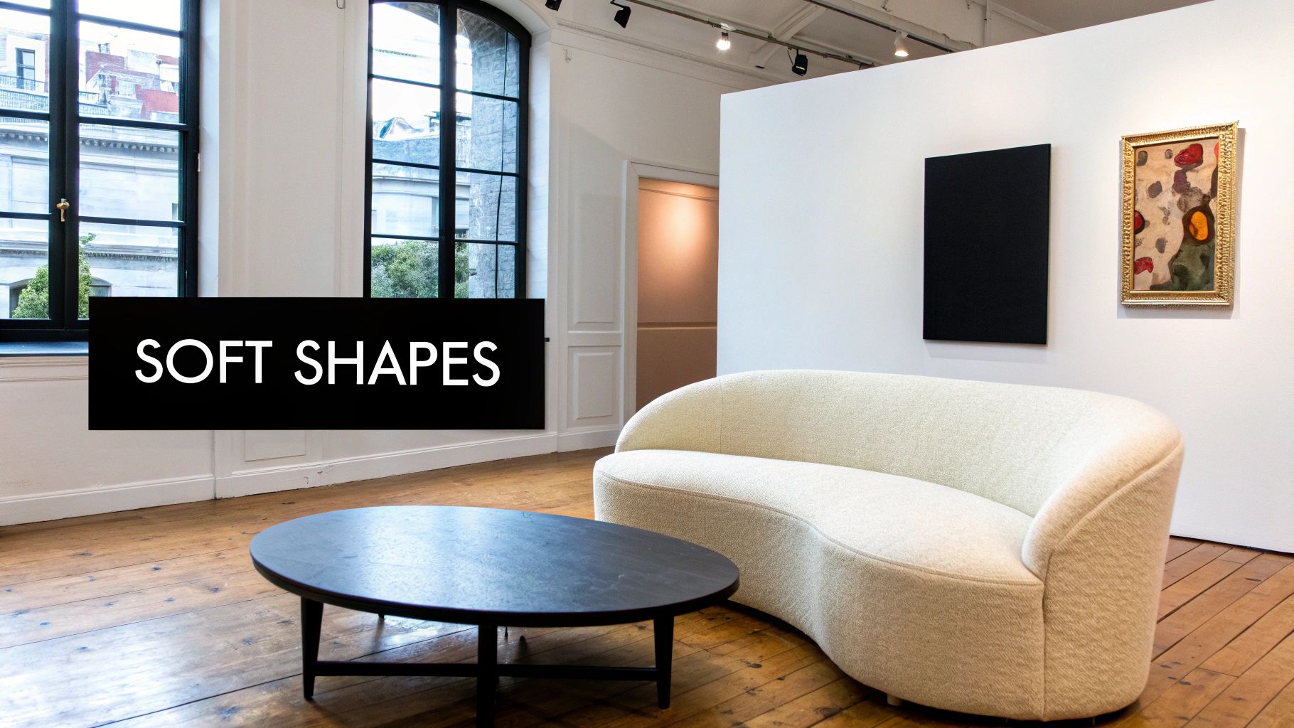 A modern living space featuring a curved off-white sofa, round black coffee table, and artworks.