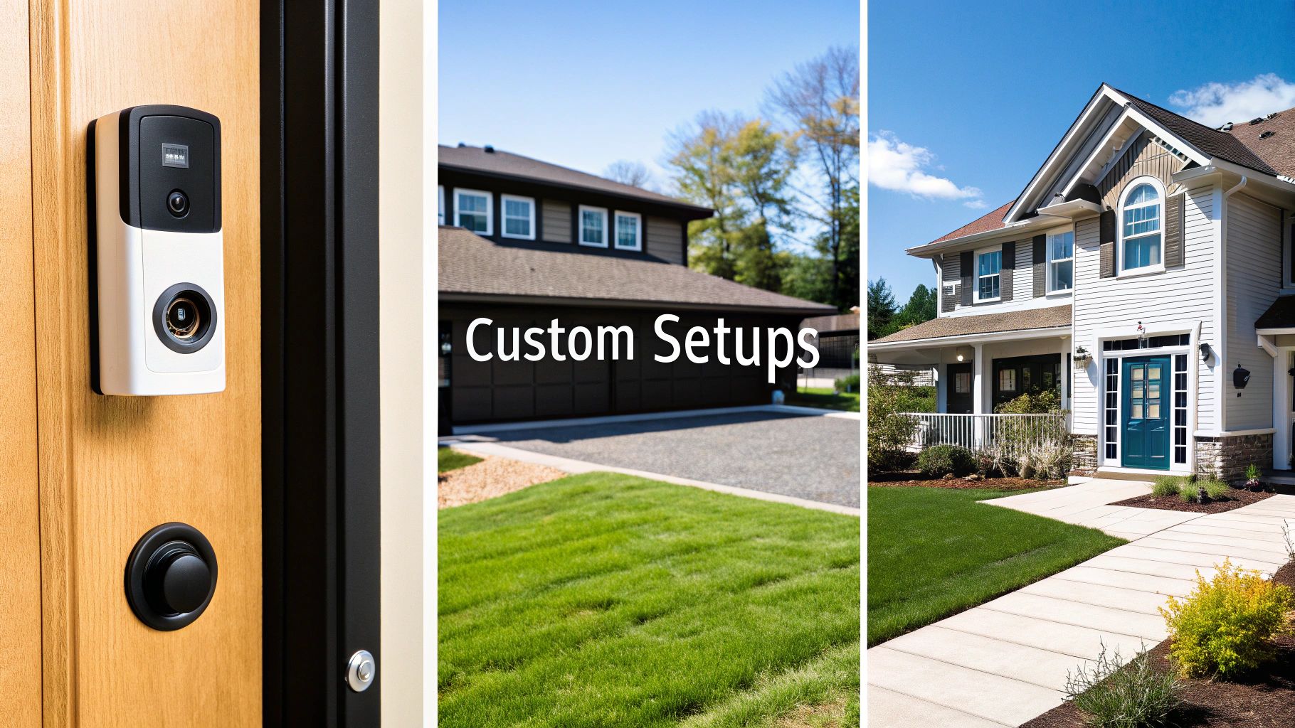 A triptych showing a modern smart doorbell, a house with 'Custom Setups' text, and a modern home.