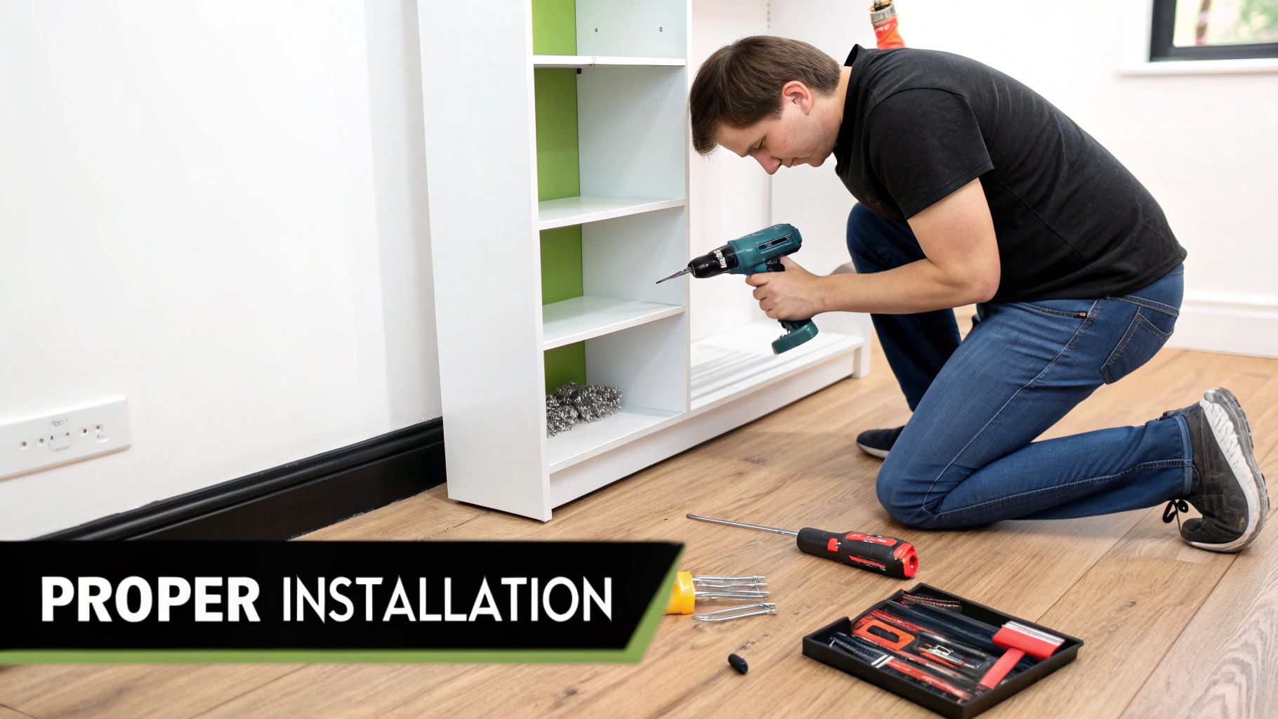 A man kneels on the floor, using a power drill to assemble a white and green shelving unit.