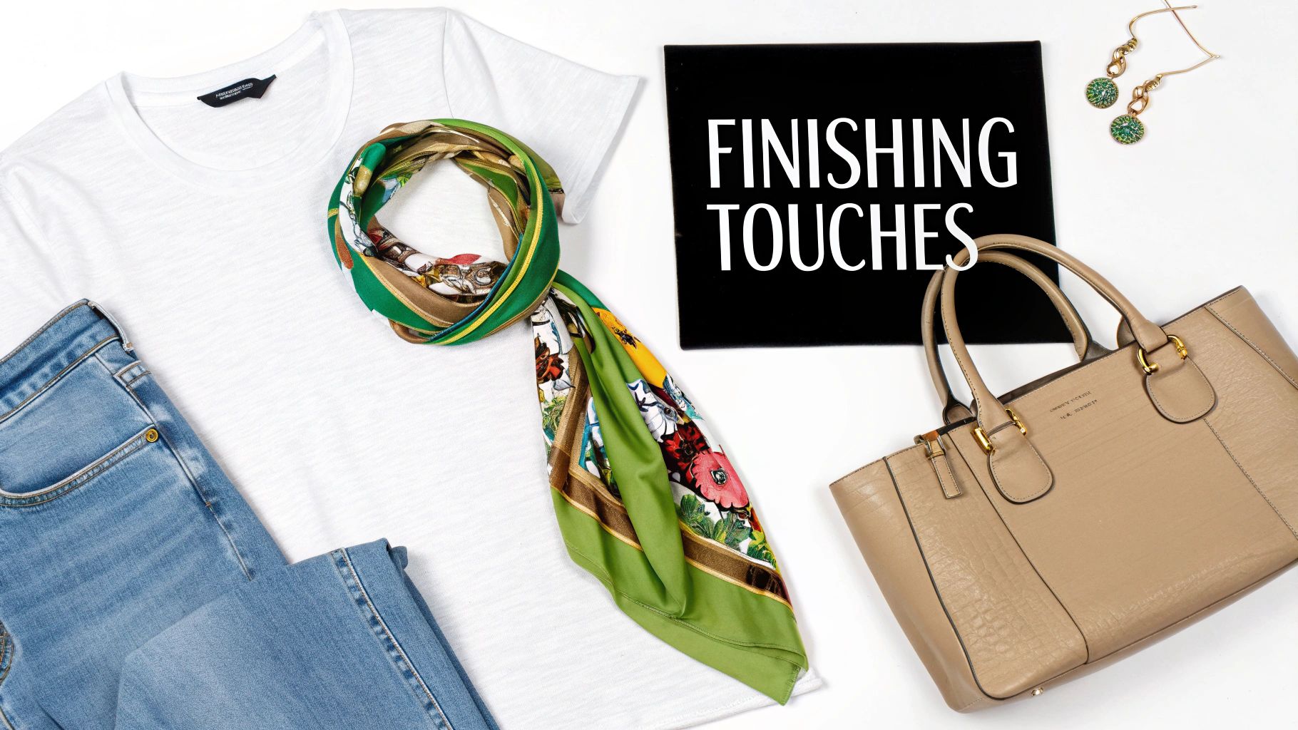 A collection of stylish accessories including a handbag, sunglasses, and jewelry laid out.