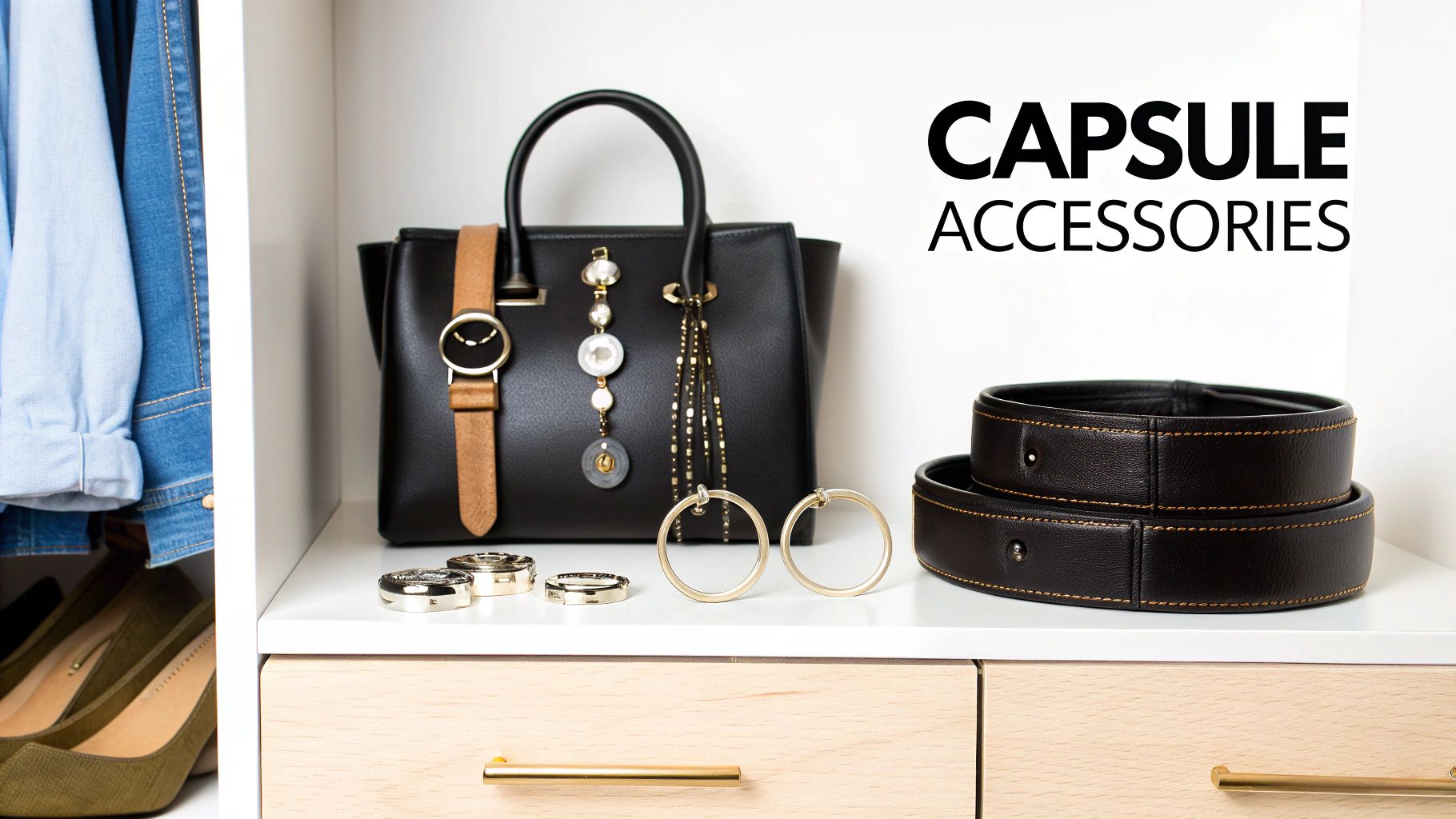 A curated collection of accessories including a watch, earrings, a handbag, and a leather belt.