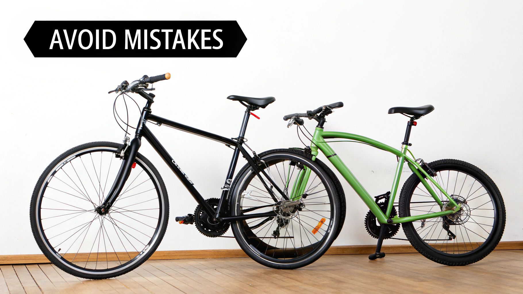 A person incorrectly measuring standover height on a mountain bike, highlighting a common mistake.